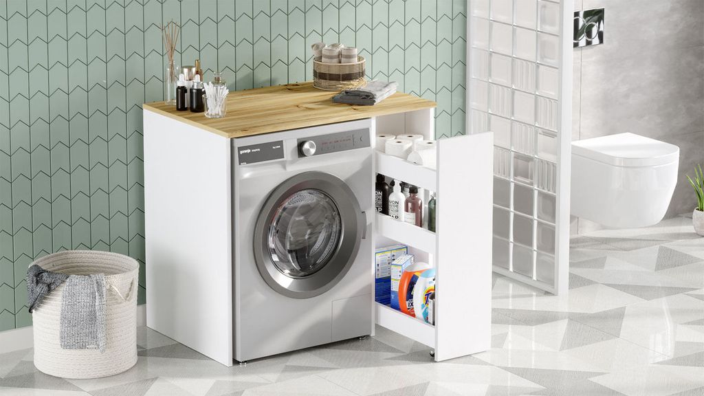 Fürdőszoba szekrény mosógéphez polccal, tölgy fehér - plan - butopêa